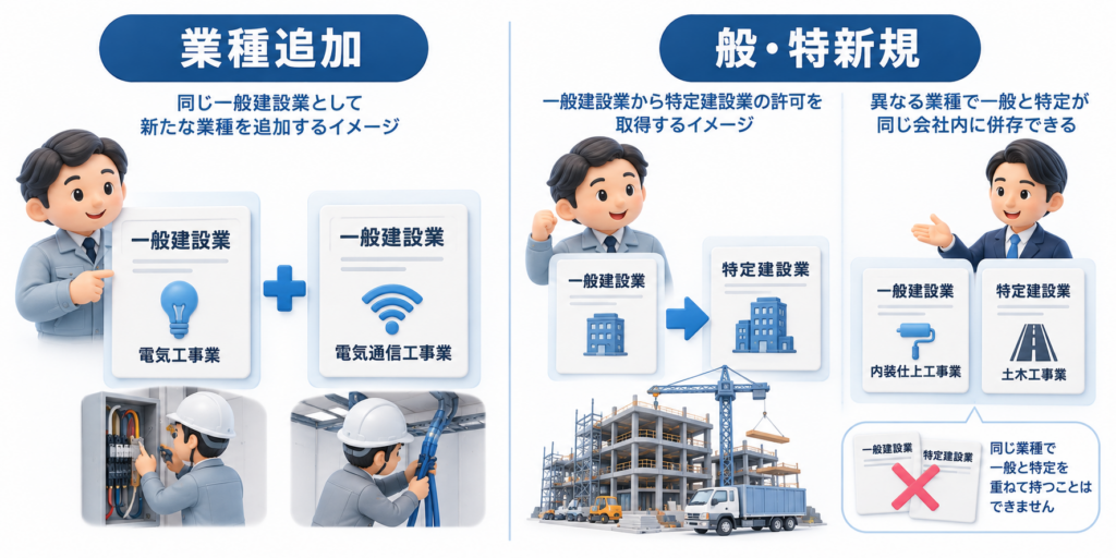 建設業許可の業種追加と般・特新規の違いを比較し、一般建設業で新しい業種を追加する場合と、特定建設業へ切り替える場合、異なる業種なら一般と特定を併存できることを示した図