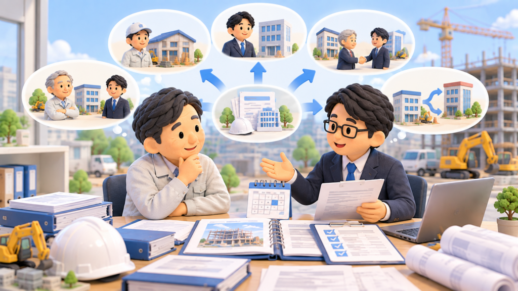 建設業の事業承継方法が決まっていない経営者が、行政書士と建設業許可の承継方法やスケジュールを整理している様子