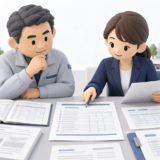 建設会社の経営者と事務担当者が、工事台帳や契約書などの資料を確認しながら工事経歴書を作成している様子