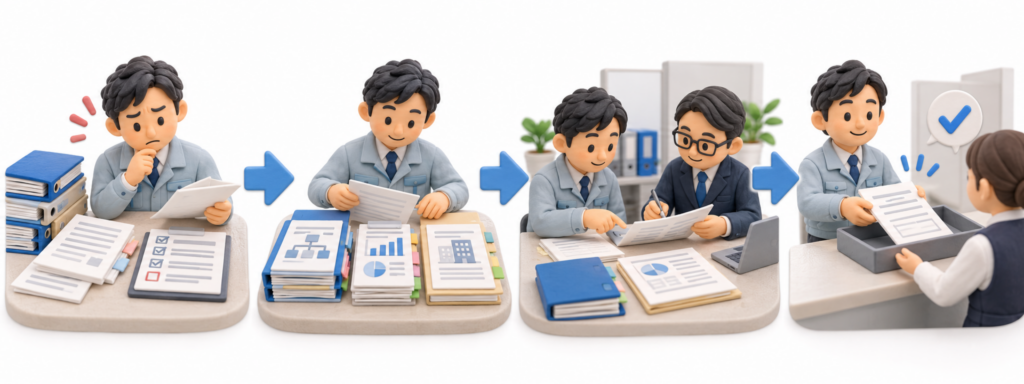 建設業許可の変更届の未提出に気づいてから、資料整理、行政書士への相談、提出まで進める流れ
