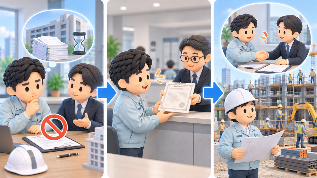 建設業許可が必要な工事で許可取得前の契約を待ち、許可取得後に契約して着工する流れ