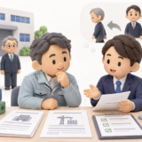 建設会社の経営者と行政書士が、役員や代表者の変更に伴う登記と建設業許可の変更手続を確認している様子