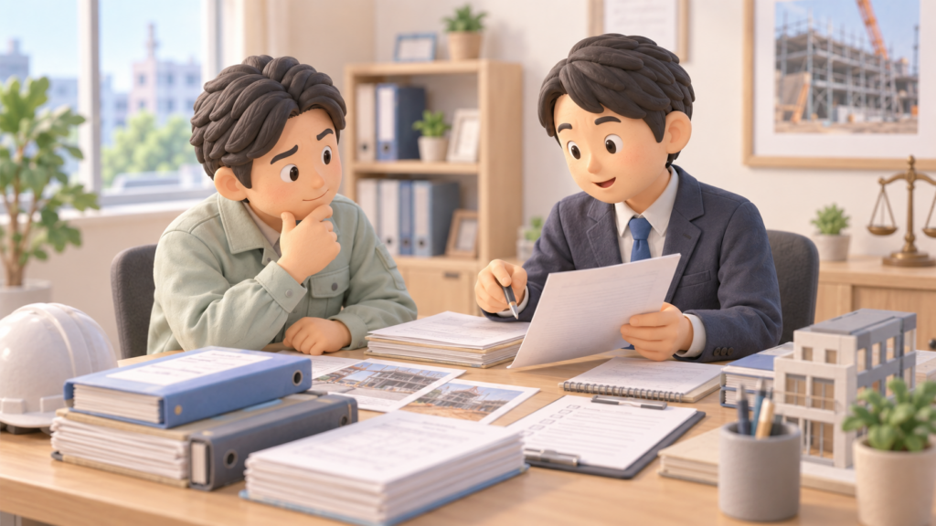 建設業許可の取得に必要な資料を行政書士と確認する建設事業者