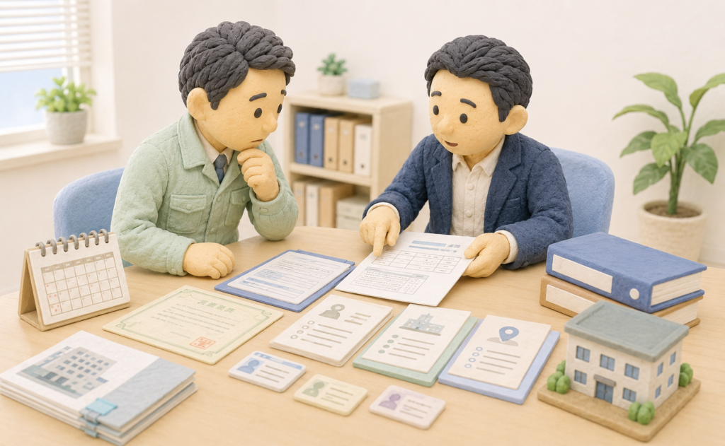 建設業許可の更新前に必要な確認事項を行政書士と確認する建設会社代表者