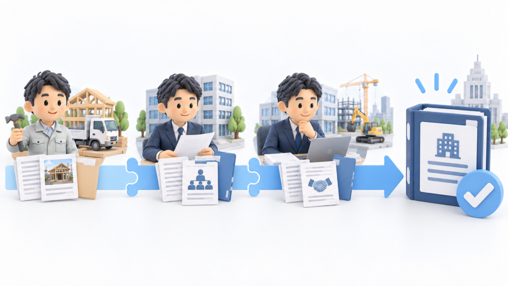 建設業許可の常勤役員等の要件で個人事業や過去・現在の会社での経営経験を組み合わせるイメージ