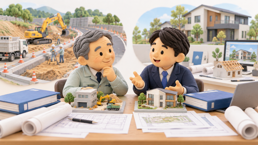 別々の建設会社を経営する父と息子が、将来の事業承継について話し合っているクレイ風3Dイラスト