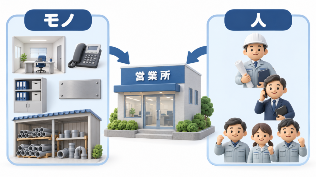 神奈川県側の新しい建設業営業所について、事務スペースや電話、書類保管場所、会社名表示、資材置き場などのモノと、営業所技術者等や営業・契約担当者、従業員などの人の両方がそろって営業所として機能することを示した図
