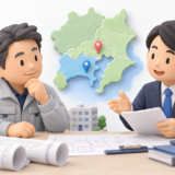 東京都と神奈川県に営業所がある建設会社が行政書士と建設業許可について相談するイラスト