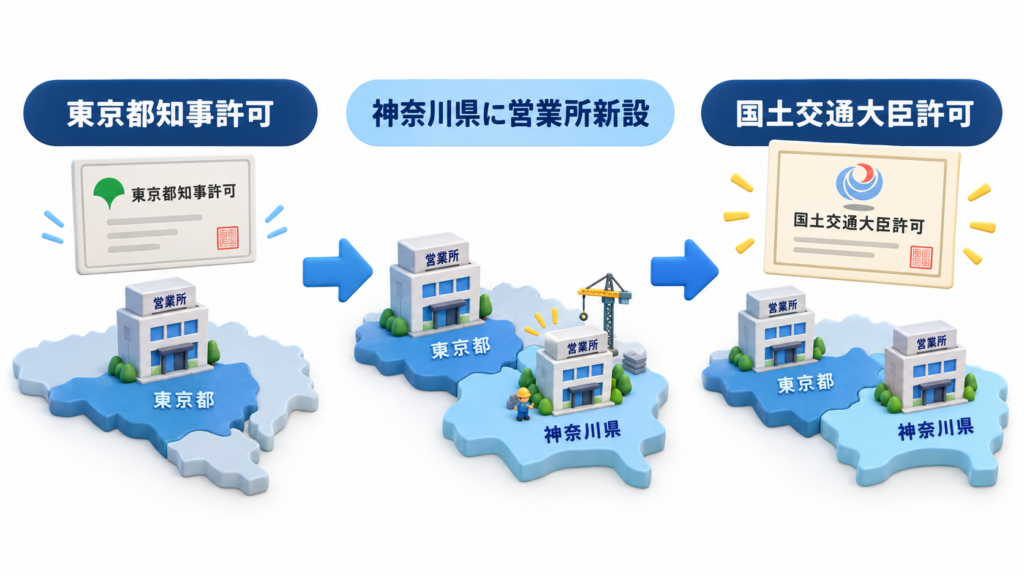 東京都内だけに営業所がある状態から、神奈川県に営業所を新設し、東京都知事許可から国土交通大臣許可へ切り替わる流れを示した図