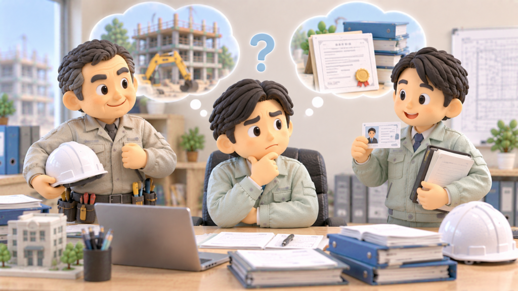 営業所技術者等の候補として、現場経験が豊富な社員と資格要件を満たす社員を比較する建設会社経営者