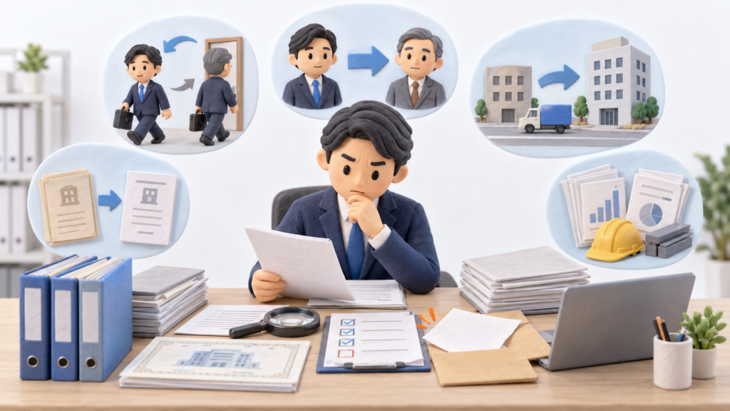 過去の会社変更や建設業許可の届出状況を資料とチェックリストで確認する建設会社の経営者