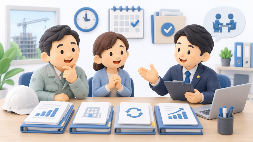 建設業許可取得後の更新申請・決算変更届・変更届などを行政書士へ継続相談する建設会社の経営者と事務担当者