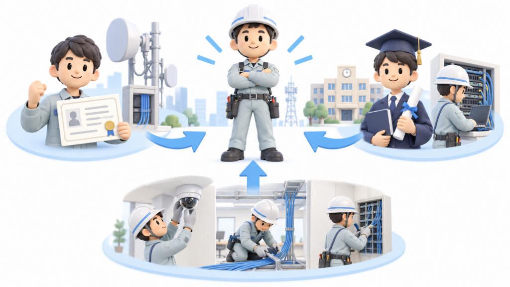 電気通信工事業の営業所技術者等になるための資格・学歴・実務経験の3つのルートを示す図解