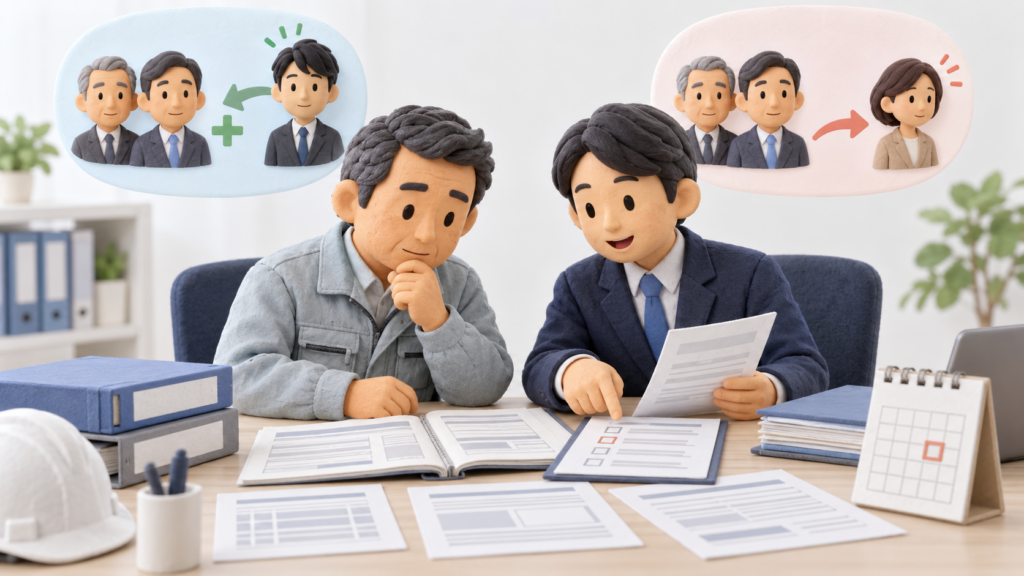 取締役の就任・退任に伴う変更届の提出漏れを行政書士と確認する建設会社の経営者