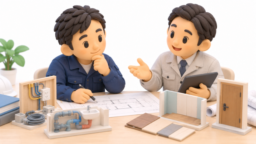 他社のアドバイスを参考にしながら、自社の工事内容から必要な建設業許可の業種を検討する建設事業者