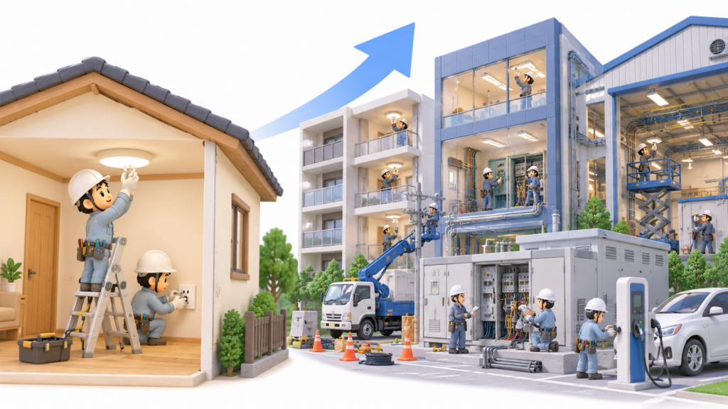 住宅の小規模な電気工事とマンション・ビル・工場の大規模な電気工事を比較したイラスト