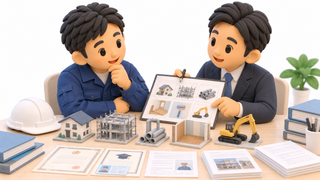 取得したい建設業許可の業種と対応できる営業所技術者等を行政書士と確認する建設事業者