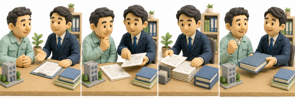 建設業許可の変更届について相談・書類確認・提出準備までの流れを表したイラスト