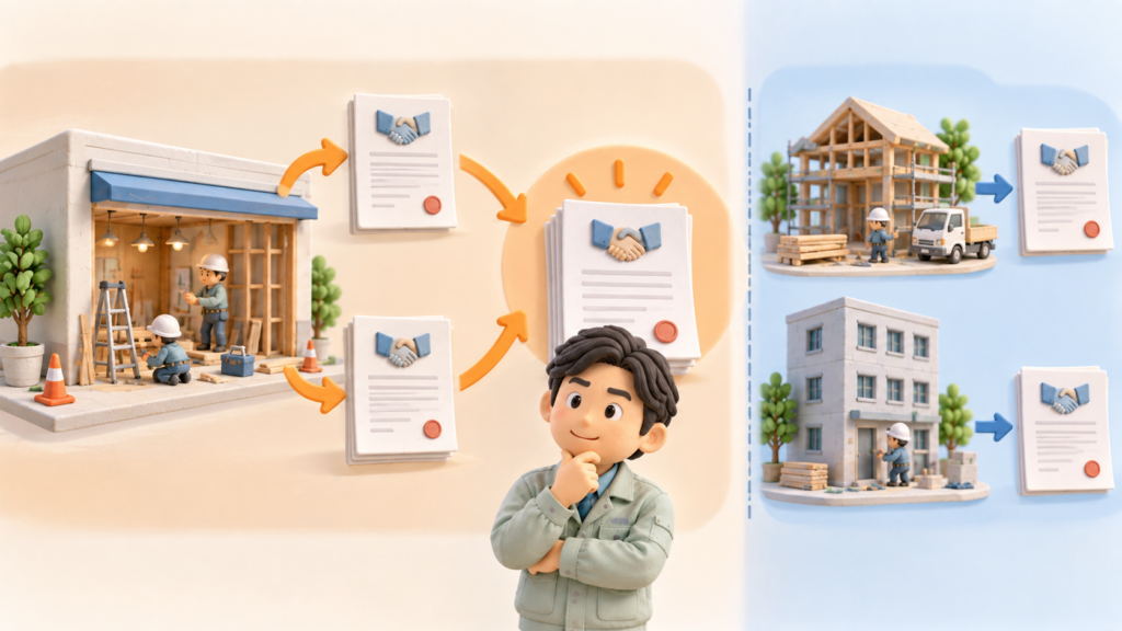 一つの建設工事を複数契約に分けても全体で判断する考え方を示すイラスト