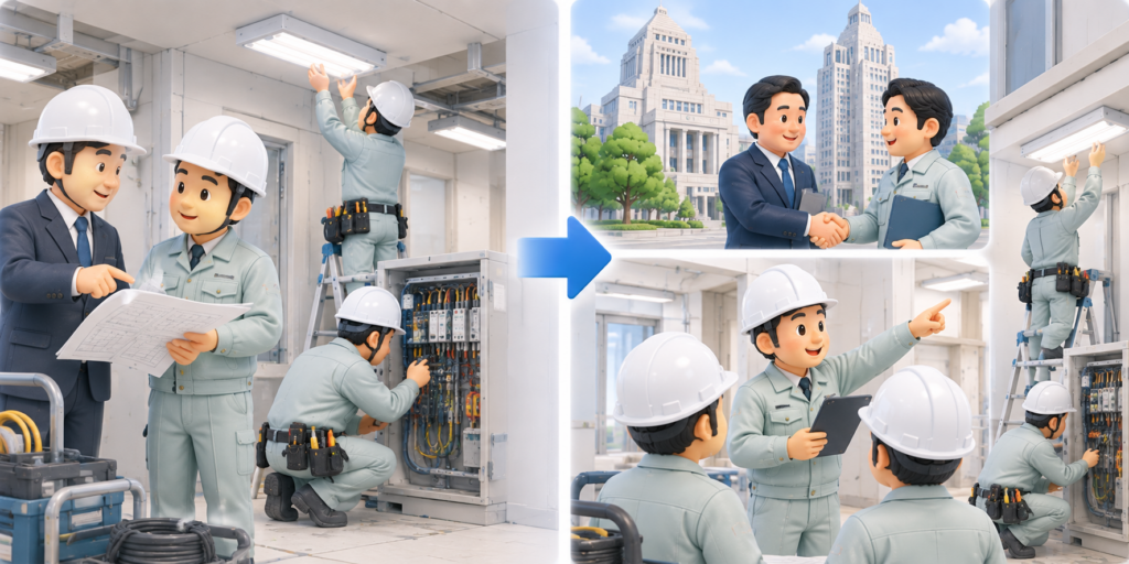 公共施設の電気工事で、元請会社の指示を受けて施工する下請の立場から、東京都と直接契約し自社の作業員へ指示を出す元請の立場へ変わる様子を示した図