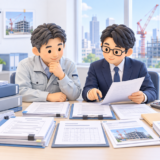 東京都の建設業許可申請で常勤役員等の経営経験を証明する資料を確認する建設会社経営者と行政書士