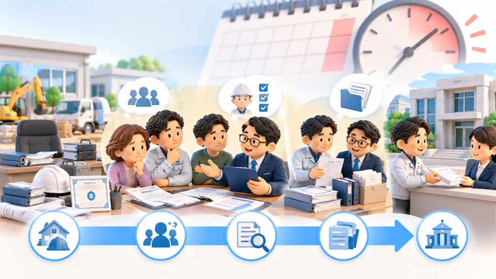 建設業の個人事業主が亡くなった後、家族と行政書士が相続人や許可要件を確認し、必要書類をそろえて相続による承継認可を申請する流れ