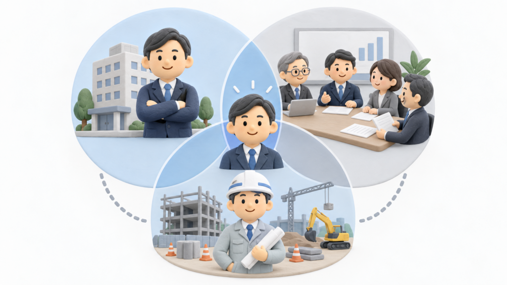 建設業許可における代表者、役員等、常勤役員等の違いと、同じ人物が複数の立場を兼ねる場合があることを示した図解