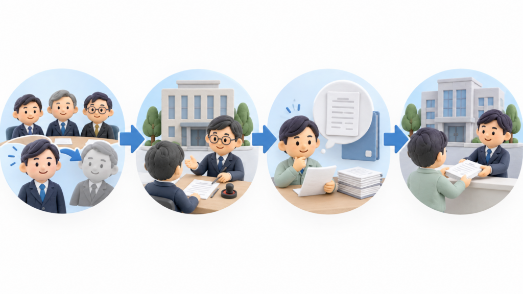 建設会社で役員や代表者の変更が発生してから、変更登記、登記事項証明書などの確認資料を準備し、建設業許可の変更届を提出するまでの流れを示した図解