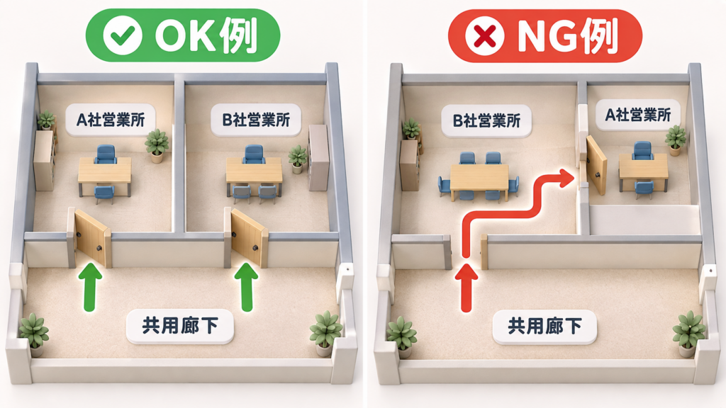 共用廊下から各営業所へ直接入れるOK例と、B社営業所を通らないとA社営業所へ入れないNG例の比較図