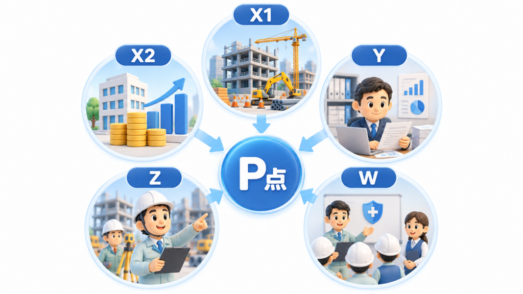 経営事項審査のX1・X2・Y・Z・Wの5つの評価項目がP点に反映される仕組み