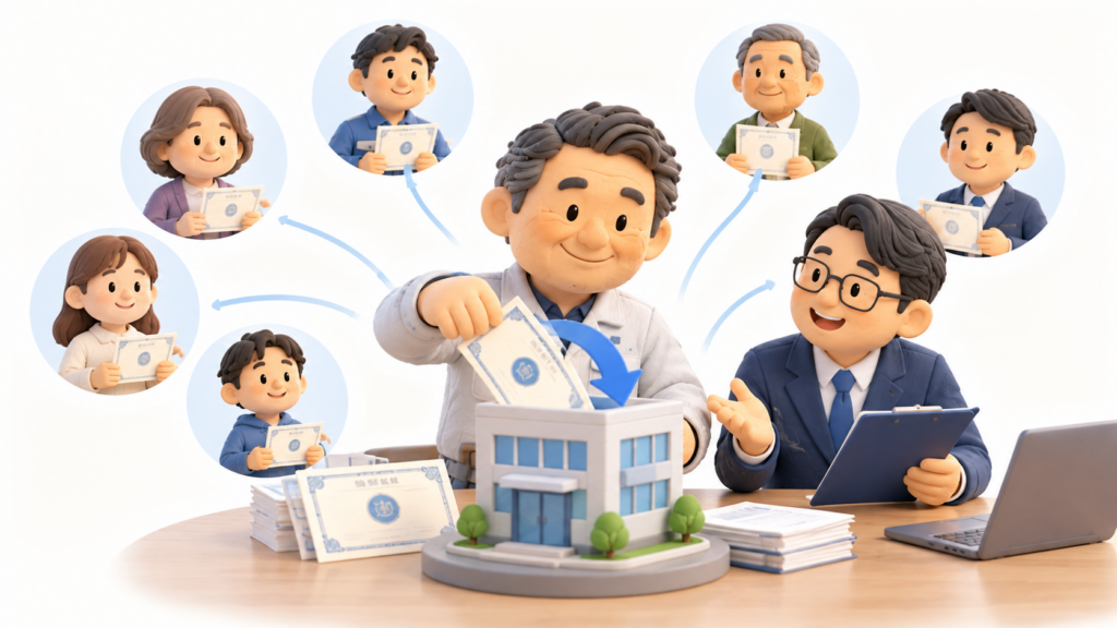 株式会社の設立時に、建設会社の経営者が誰を株主として会社を所有するか検討しているイメージ