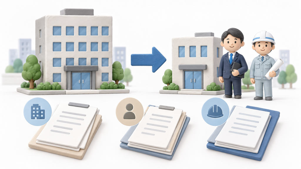 建設業許可で従たる営業所を新設する際に、営業所の新設、営業所を代表する人、営業所技術者等について手続を確認する様子
