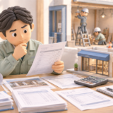 工事見積書と電卓を確認し、建設業許可の500万円基準を検討する建設事業者