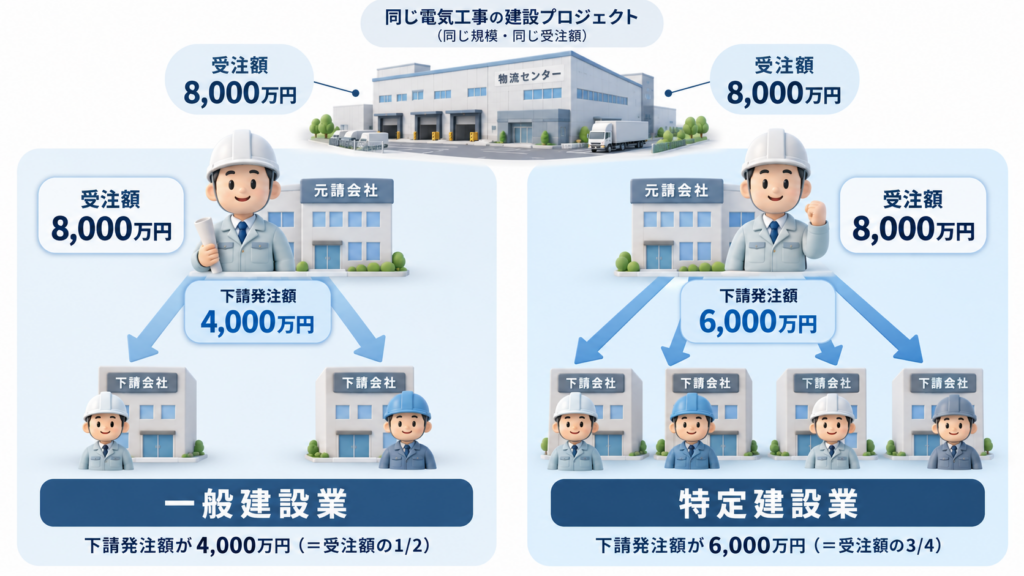 同じ8,000万円の電気工事でも、下請発注額4,000万円は一般建設業、6,000万円は特定建設業となることを示す比較図