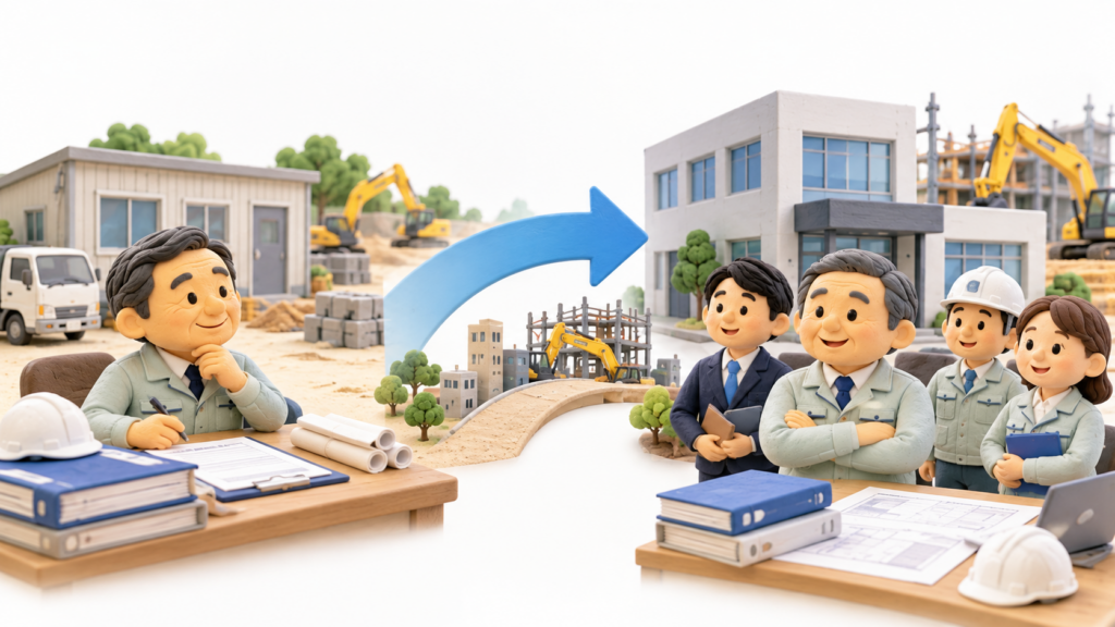 個人事業主として営んできた建設事業を法人へ移し、会社として事業を継続する様子を表したクレイ風3Dイラスト