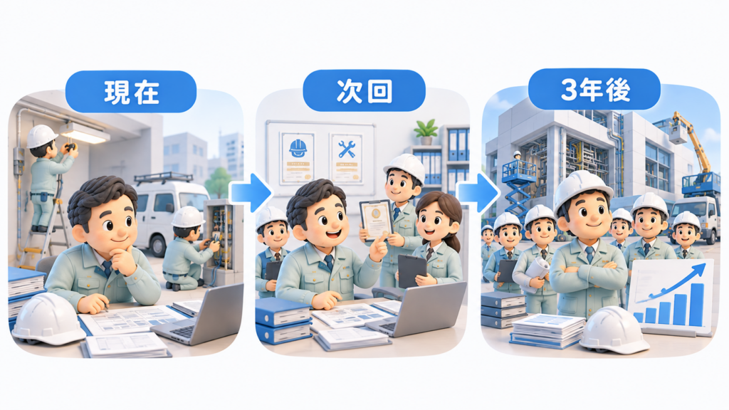 電気工事会社が資格取得や人材育成を進め、3年間で技術者・工事実績・利益を伸ばして成長するモデルケース