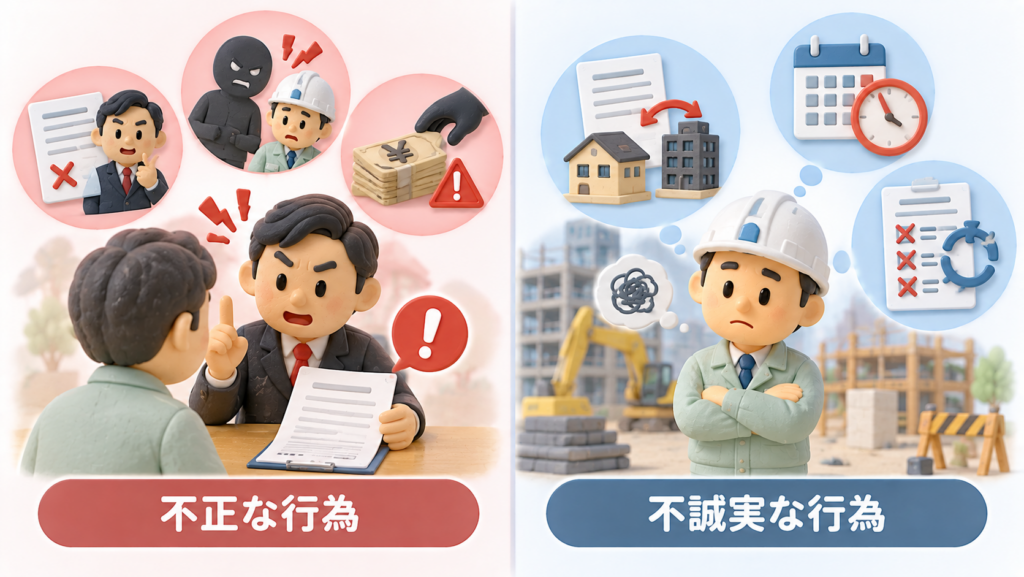 建設業許可の誠実性について、不正な行為と不誠実な行為の違いを比較した図解