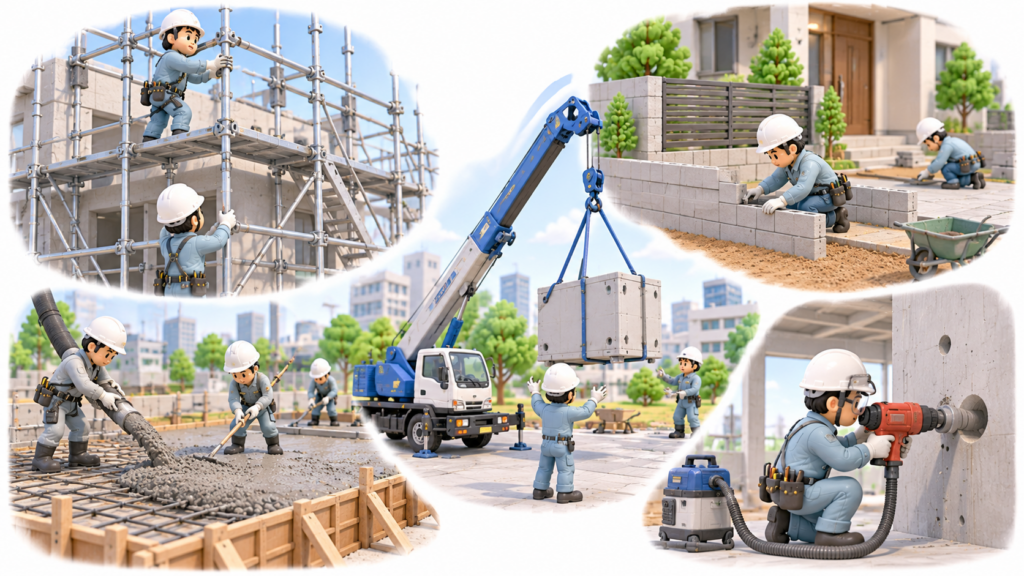 とび・土工工事業に含まれる足場・外構・コンクリート・重量物搬入・穿孔作業の例