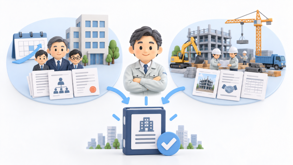 建設業許可の常勤役員等の要件として経営経験と建設業を営んでいた事実を資料で確認する図