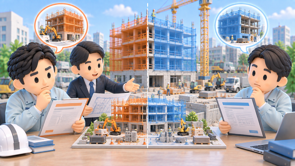 一つの建設工事を許可取得前後の2つの契約に分けられるか検討する建設会社経営者
