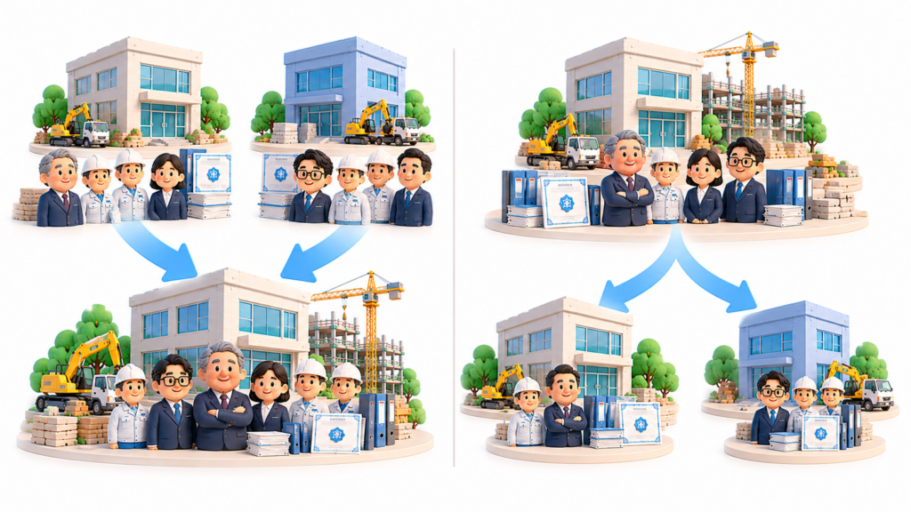 建設会社の合併で2社が1社に統合される流れと、会社分割で建設事業の一部が別会社へ移る流れを比較した図