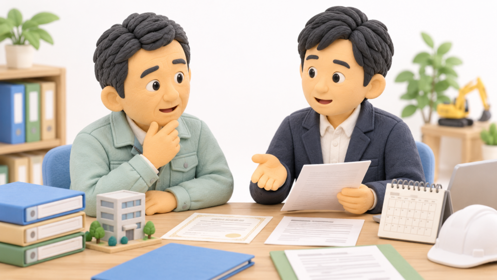 建設業許可の取得後も更新や決算変更届について行政書士に継続相談する建設会社経営者