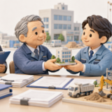 建設業の事業承継について、先代経営者から後継者へ会社の引継ぎを行い、行政書士が支援しているクレイ風3Dイラスト