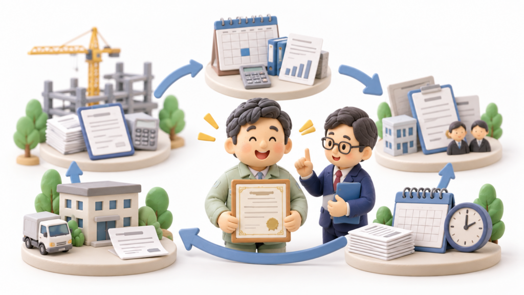 建設業許可取得後の決算変更届・変更届・更新手続を確認する建設会社経営者と行政書士