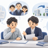 建設会社の経営者と行政書士が、会社情報や役員、営業所、提出期限など建設業許可取得後の変更届事項を確認している様子