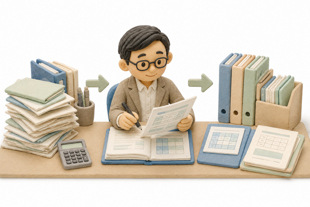 税理士が作成した決算書をもとに、行政書士が建設業許可の決算変更届を作成している様子