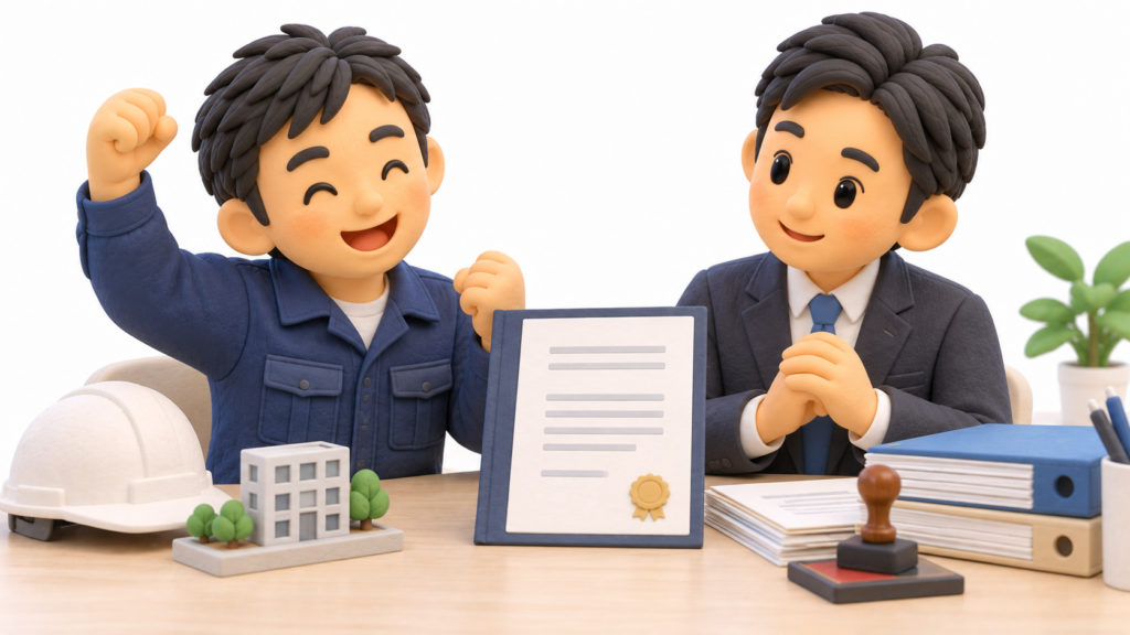 建設業許可を取得し、行政書士とともに安心した表情を見せる個人建設事業主