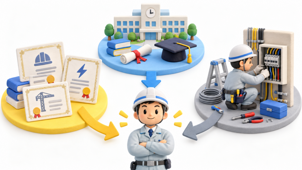 電気工事業の営業所技術者等になるための資格・学歴・実務経験の3つのルートを示す図解