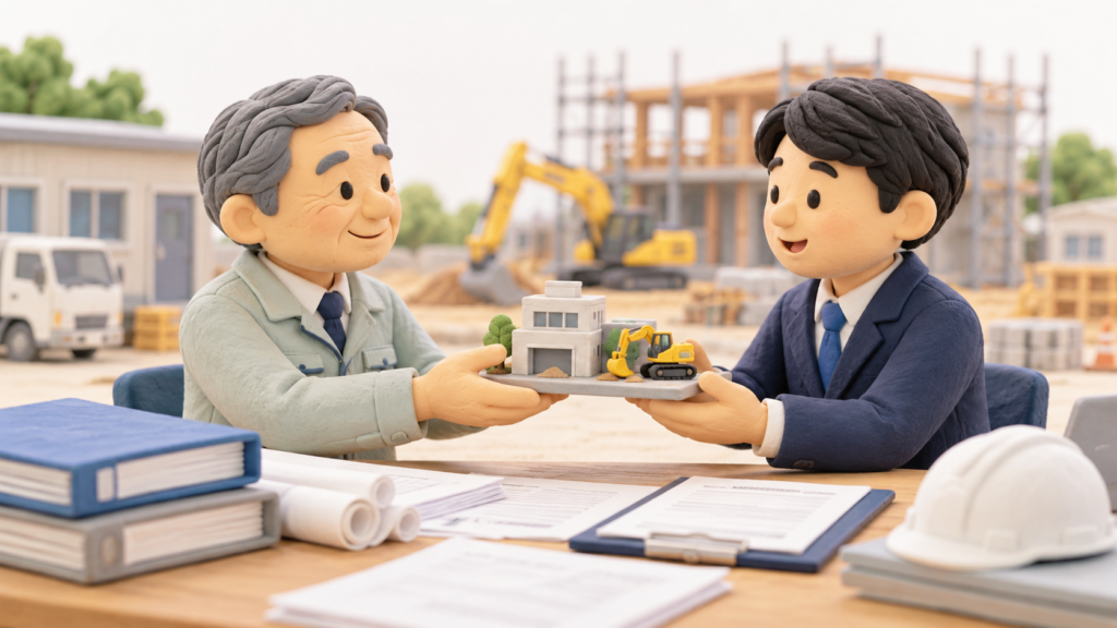 建設業を営む個人事業主が、後継者へ建設事業を引き継いでいるクレイ風3Dイラスト