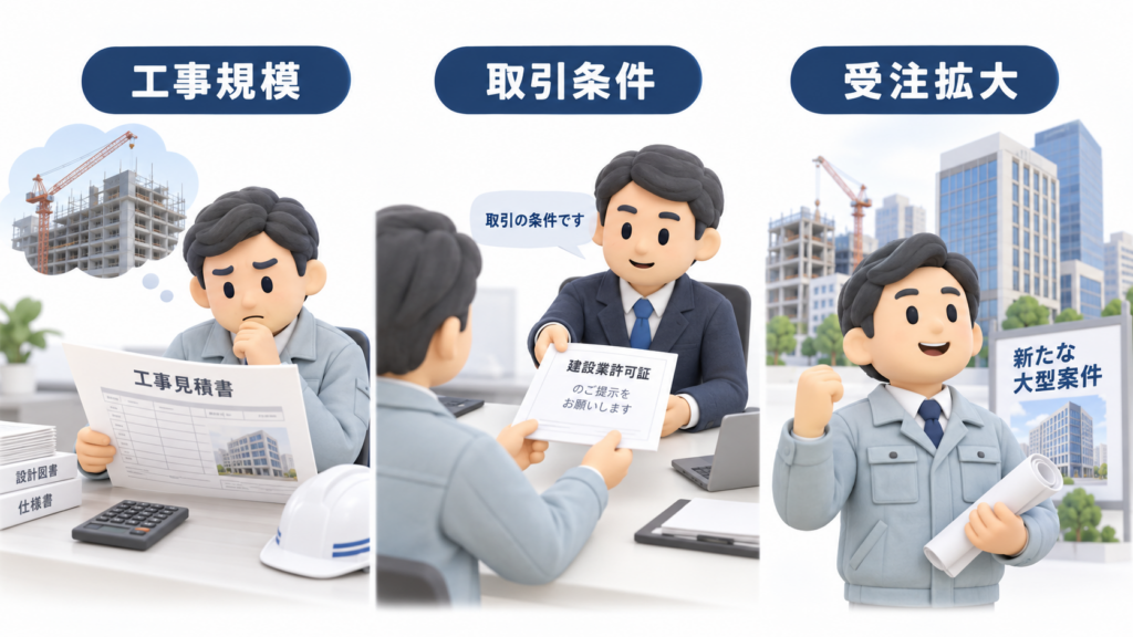 建設業許可を検討する場面として、工事規模の拡大、取引条件での許可提示、受注拡大の3つを示した図解